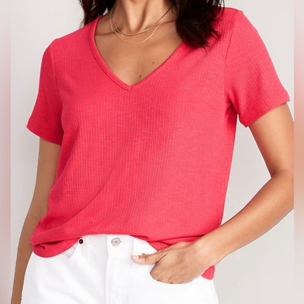 Old Navy Cosmic Pink Short Sleeve Luxe V-Neck Ribbed Slub-Knit T-Shirt Size XL